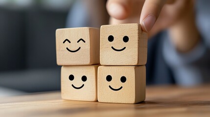 Wooden blocks with smiley faces stacked on a table, representing happiness and positivity.