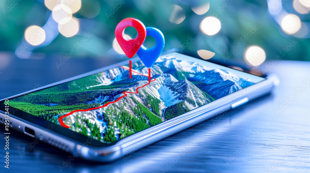 Poster smartphone with location tracking and maps displaying scenic route navigation