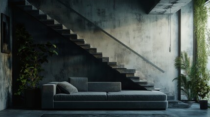 Sofa and staircase. architecture modern living room. Ultra realistic. Photorealistic hypermaximalist advertising photography hyper realistic fine detail