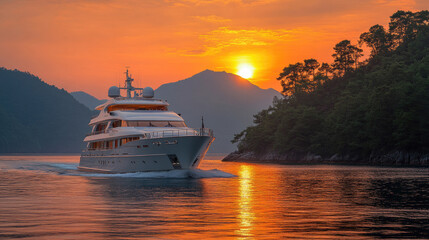 A lavish yacht sails gracefully across calm waters, with a stunning sunset illuminating the sky and mountains in the background