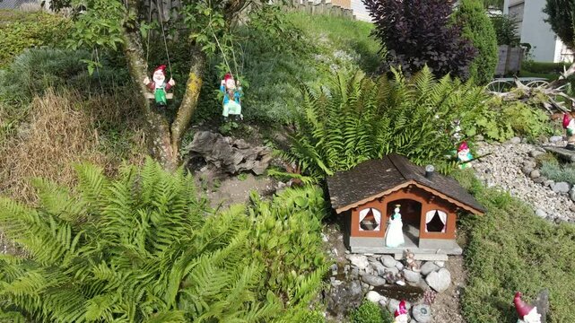 Drone view at garden gnomes at Engelberg on the Swiss alps