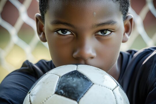 Young african american kid soccer player holding ball and resting