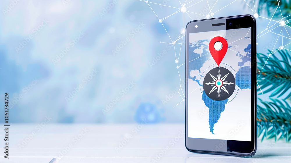 Poster smartphone displaying location app with compass and map navigation features for travel and explorati