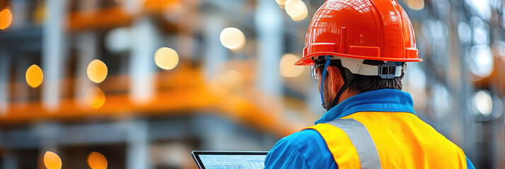 A construction worker in a hard hat and safety vest checks progress on a tablet while surrounded by storage racks in a warehouse