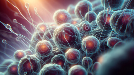 Detailed close-up of embryonic stem cells in a 3D illustration.