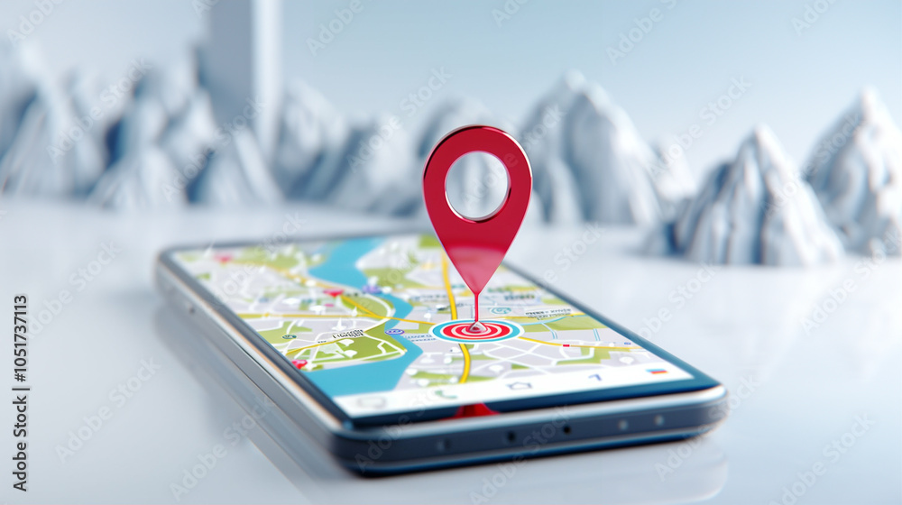 Poster smartphone displaying map with location pin marker on screen