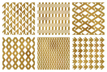 Vector seamless patterns set of different simple golden ornaments. Modern patterned tiles design. Samples of trending print on textile.