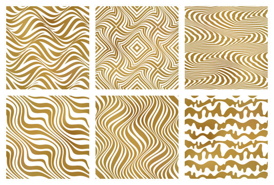 Vector seamless patterns set of different golden ornaments with curved stripes. Modern patterned tiles design. Samples of trending print on textile.