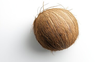 Fresh Whole Coconut on White Background Top View with Copy Space for Text