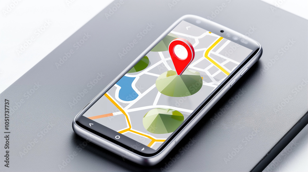 Poster smartphone with map displaying location pin on screen for navigation and travel