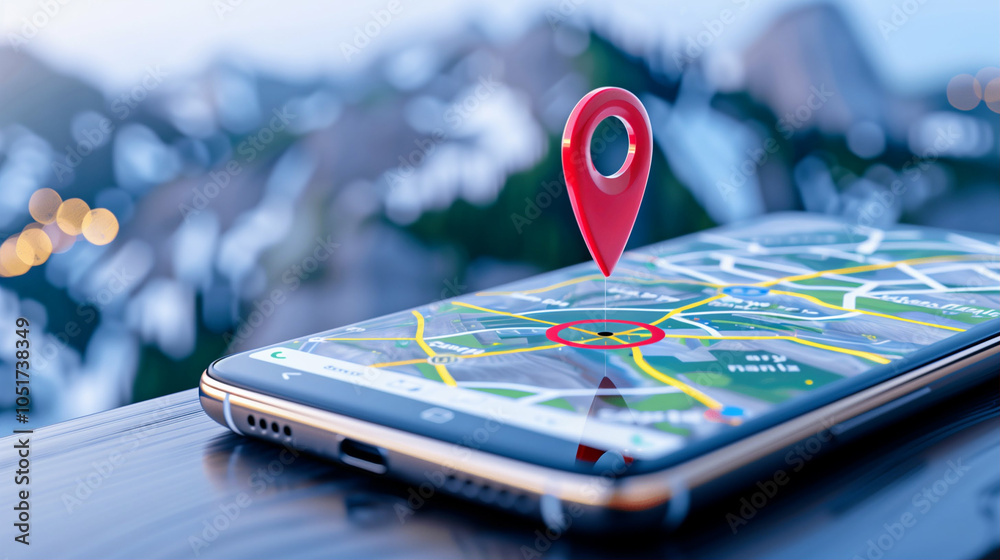 Poster smartphone displaying map with location pin on screen focused on navigation and travel