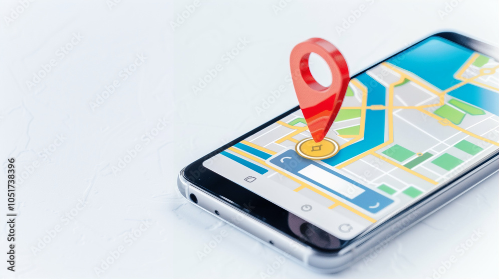 Poster smartphone with map showing location pin and navigation on display for travel planning and direction