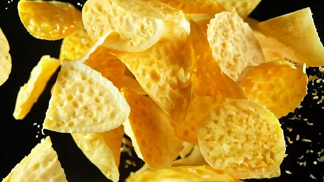 A super slowmotion shot capturing tortilla chips exploding black background filmed incredible 1000 frames second using highspeed cinema camera beautifully presented 4K resolution closeup nacho crisp