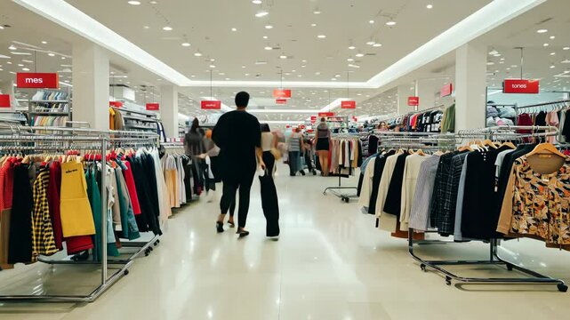 Many different stuff in clothing store. Lots of goods at market. People buying brand clothes in mall time lapse. Retail sale. Person buy things timelapse. Women paradise, shopping center.