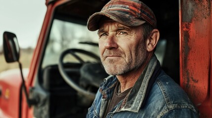 Obraz premium Confident Middle-Aged Truck Driver Standing Proudly by His Vehicle