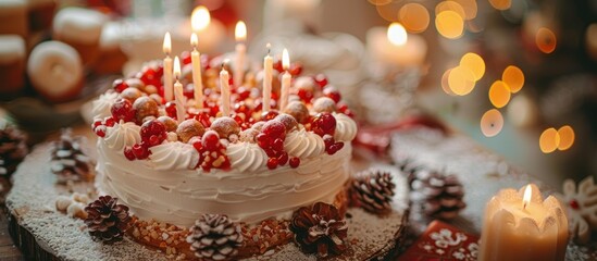 A celebratory cake with candles and red berries, decorated with pinecones, and surrounded by a warm, festive glow.