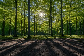 Obraz premium Sunlight filtering through a lush green forest.