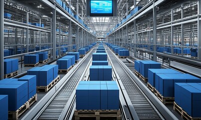 Fototapeta premium A long conveyor belt system in a warehouse with pallets of blue boxes moving along the track.