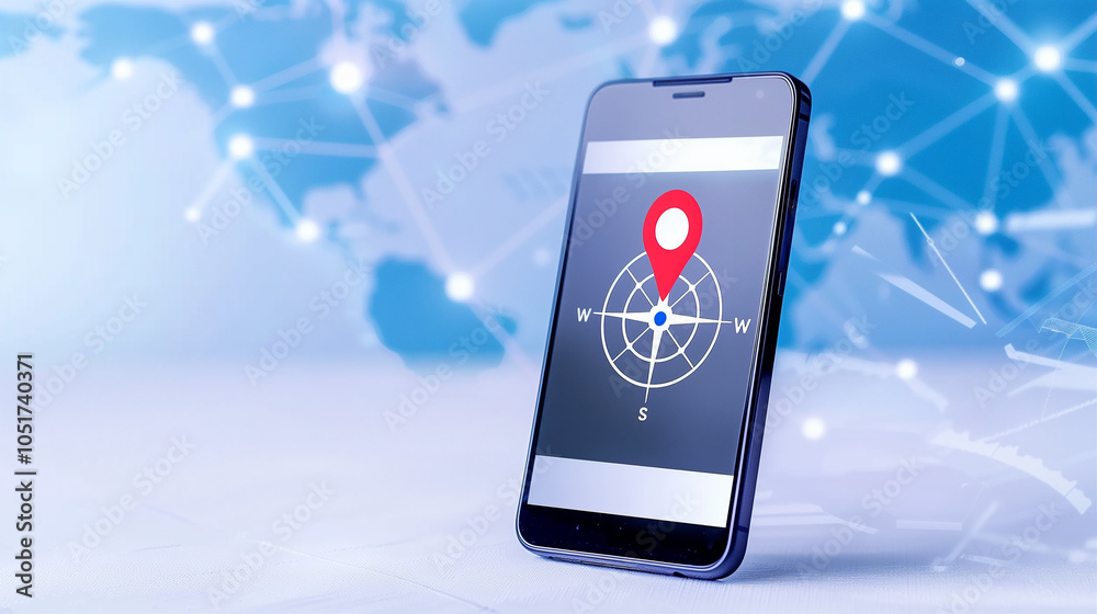 Poster smartphone with navigation map location and gps pointer on digital background for travel and technol
