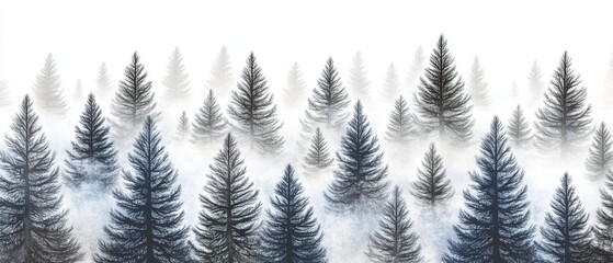 A misty winter forest with tall evergreen trees in shades of blue and gray.