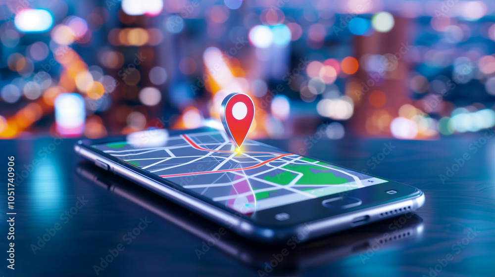 Poster smartphone with map displaying location pin on screen in urban setting