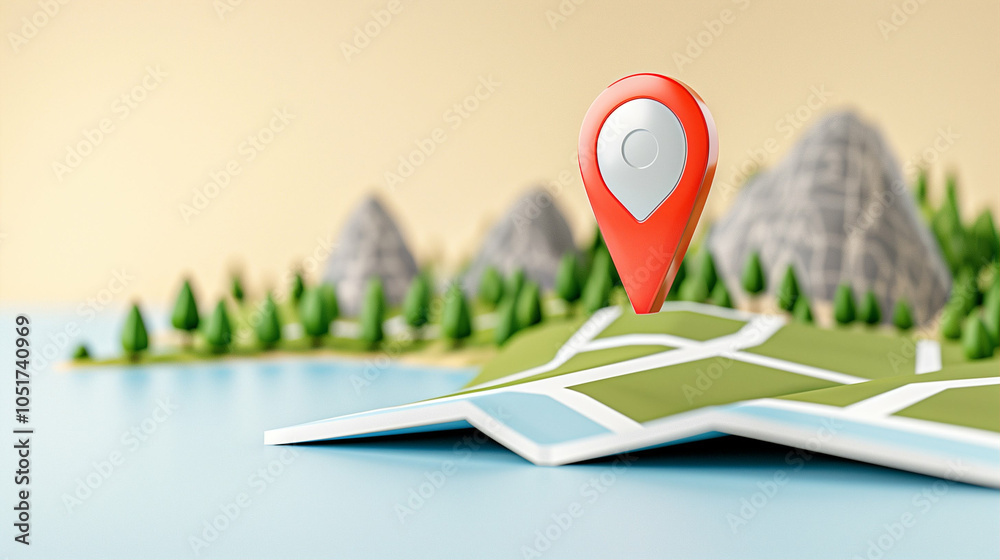 Poster map with location pin displaying navigation strategy on landscape background