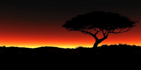 Fototapeta premium A single tree silhouetted against a dramatic sunset, creating a striking contrast between the dark tree and the vibrant sky.