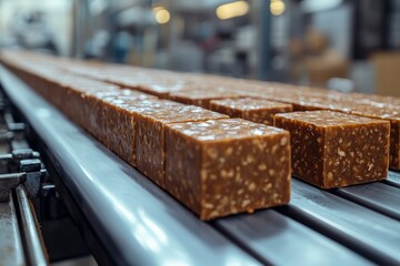 Brown Confectionary Bars on a Conveyor Belt in a Food Factory