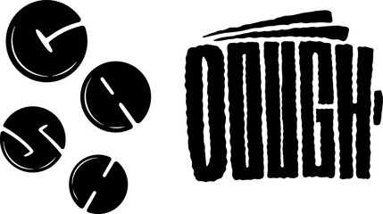 Calligram words cash and dough with coins and wallet