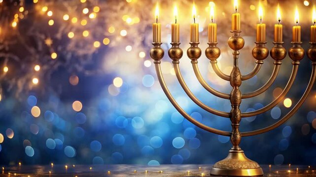 Hanukkah celebration with lit menorah and festive bokeh lights for holiday cheer