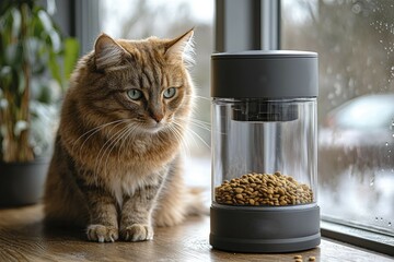 Cat gazing intently at a modern automatic pet feeder filled with kibble.