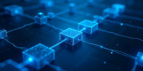 A close-up view of a blockchain network, showcasing interconnected blocks with glowing digital chains, set against a dark blue background create with ai