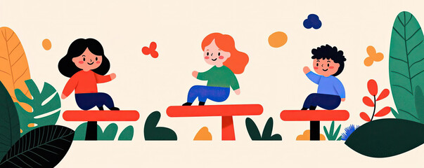 Fototapeta premium Three children enjoy playful moments on benches surrounded by colorful foliage, illustrating joy and togetherness in a vibrant outdoor setting.