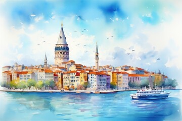 Fototapeta premium Tower architecture waterfront painting.
