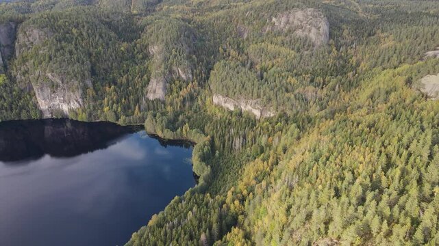 Drone footage of a beautiful mountain lake in Vestfold, Norway