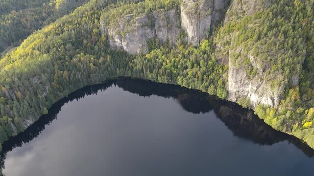 Drone footage of a mountain lake in Norway's Vestfold region
