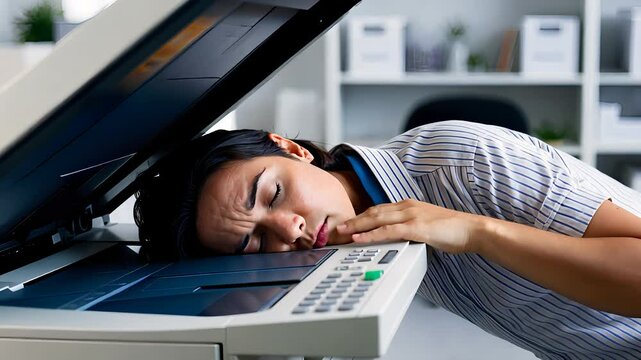 Exhausted Woman Sleeping on Office Copier Machine at Work
