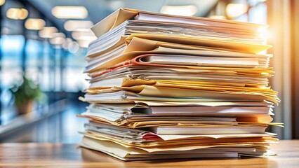 A large stack of paperwork on an office desk, symbolizing a busy work environment. Surrounded by a modern setting with large windows, the image emphasizes workload, productivity, and office life.