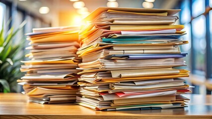 A large stack of paperwork on an office desk, symbolizing a busy work environment. Surrounded by a modern setting with large windows, the image emphasizes workload, productivity, and office life.
