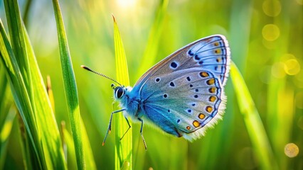 Fototapeta premium Common Blue Butterfly Close-Up on Green Grass with Bokeh Effect in Weert, Netherlands - Nature Photography, Insect Macro, September 2020