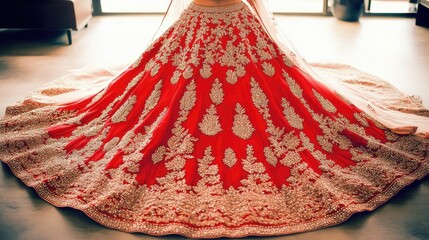 Colorful display of Indian bridal lehengas in boutique, adorned with detailed beadwork and luxurious embroidery.