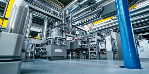 Naklejka premium Industrial plant with large machinery, pipes and tanks.