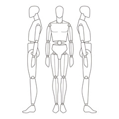Three-view line drawing of a mannequin figure showing front and side profiles, minimalistic style

