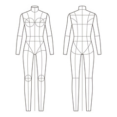 Front and back views of a female fashion figure with proportional guidelines, minimalistic line art

