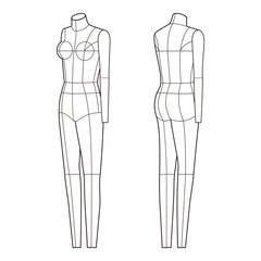 Two-view line drawing of a female mannequin with proportional guidelines, front and back views

