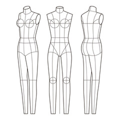 Three-view line drawing of a female mannequin with proportional body guidelines, front, back, and side views

