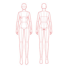 Front and back view technical flat of a full-body female mannequin with red dashed construction lines, illustrated in a minimalist style.

