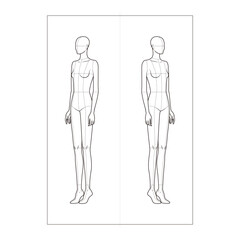 Angled front and side view technical flat of a female mannequin with detailed body construction lines, minimalist outline style.
