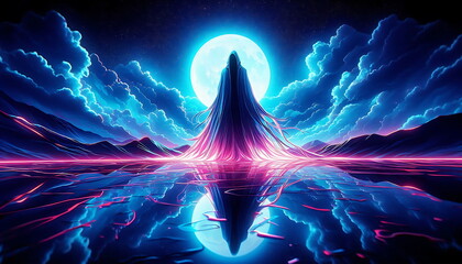 Ghost Shadow , Angel of Death , Anime Style , Colorful Landscape - with Neon Light, Moon, Clouds and Sea - Home Decor, Poster, Youtube Thumbnail - Music Cover Art - Wallpaper Background