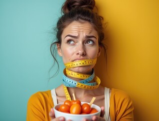 An Emotional Woman with Measuring Tapes Around Her Mouth, Facing the Challenge of Unhealthy Food Choices and Dieting. pastel background with copy space
